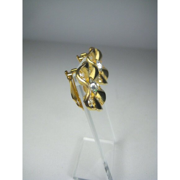 Vintage Givenchy Gold Tone Rhinestone Clip On Earrings Round Wavy Design - Picture 8 of 9
